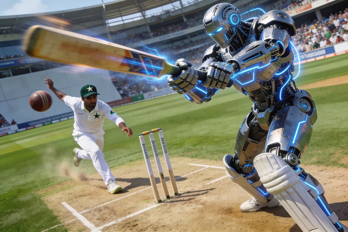 A robot cricketer with glowing blue lines bats a ball, while a human bowler in a green cap runs on a sunny field.