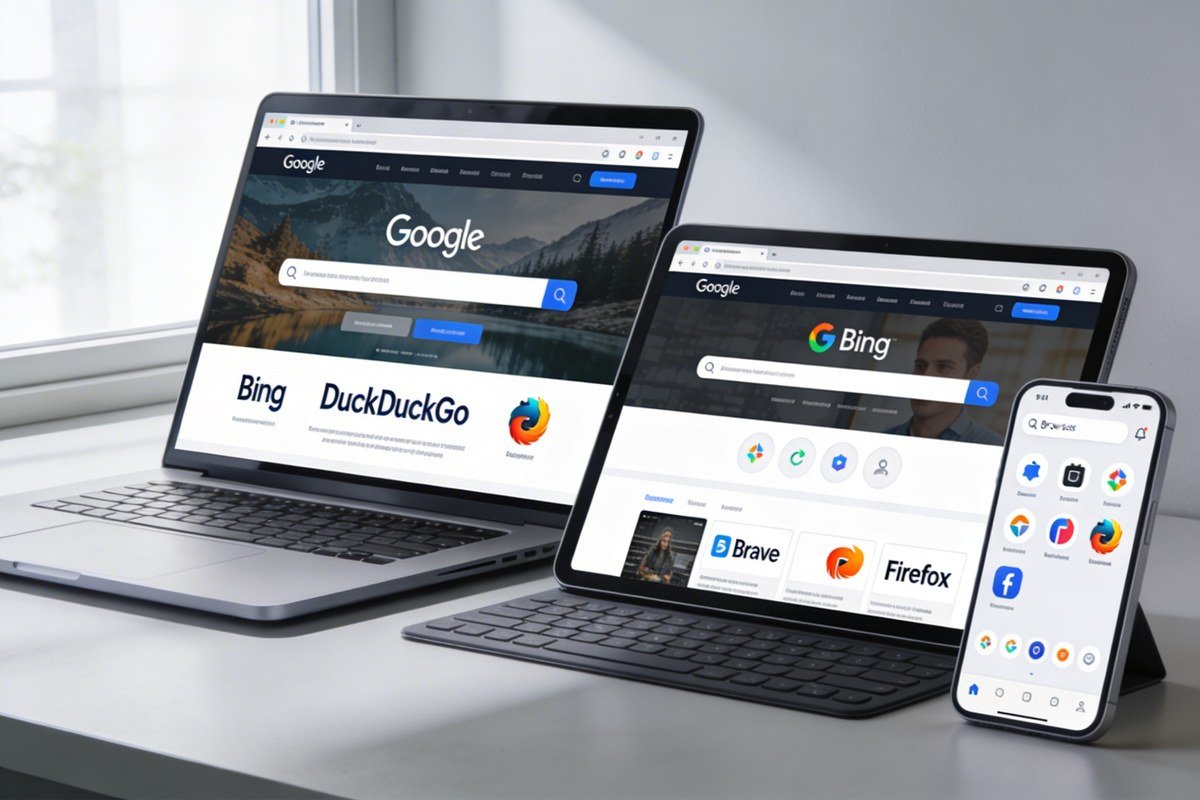 كمبيوتر محمول وجهاز لوحي وهاتف ذكي يعرضون محركات بحث مختلفة على شاشاتهم.