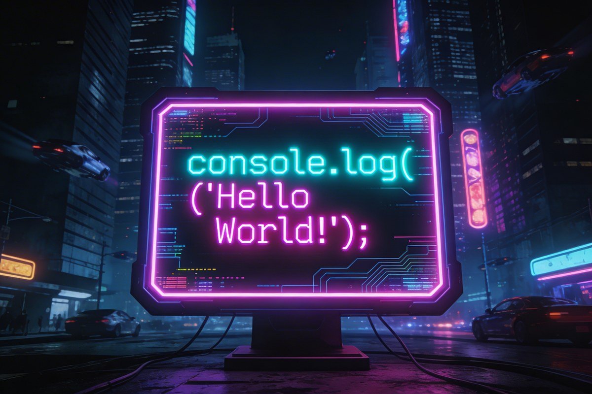 شاشة نيون تعرض كود "console.log('Hello World!');" في مدينة مستقبلية ليلية.